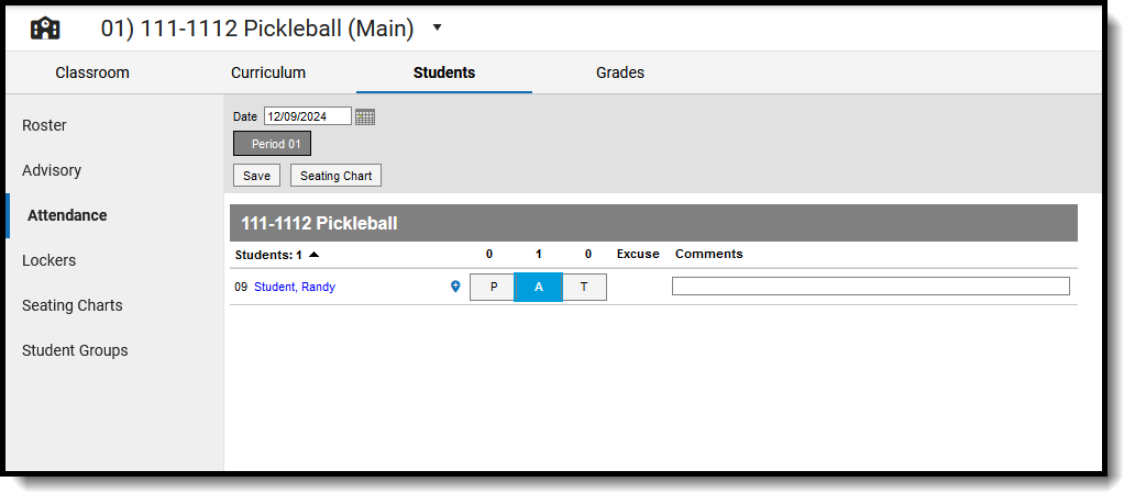 Screenshot of the Students Attendance tool at the Serving School. 