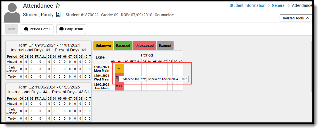 Screenshot of Student Attendance record entered at the Serving School. 