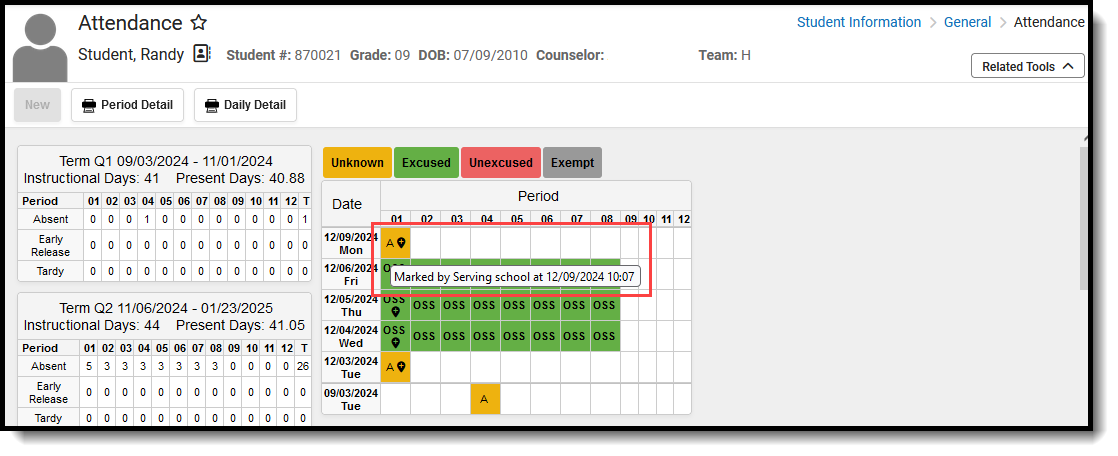 Screenshot of the student's attendance record at the Home School AFTER the teacher at the Serving School takes attendance.