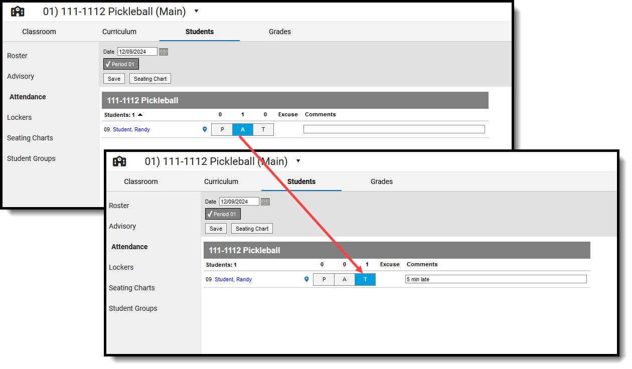 Screenshot of the teacher modifying entered attendance