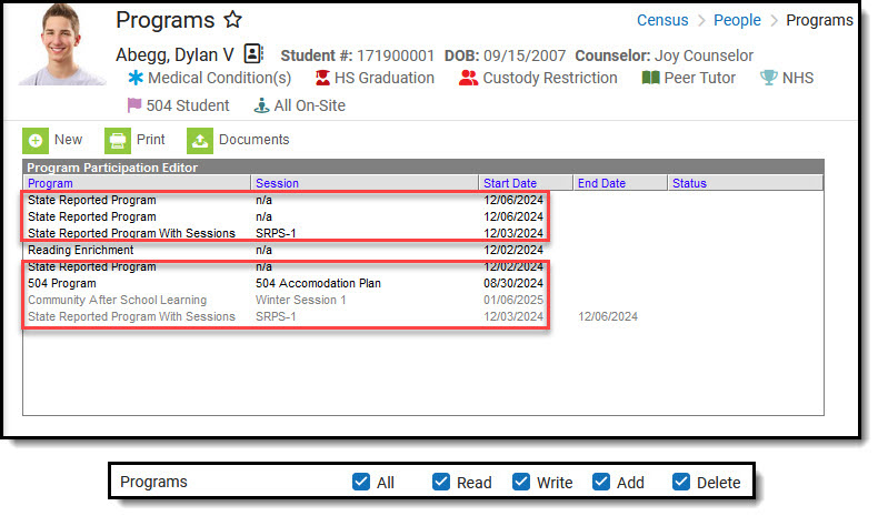 Screenshot of Programs tool in Census with a screenshot of RWAD tool rights beneath it.