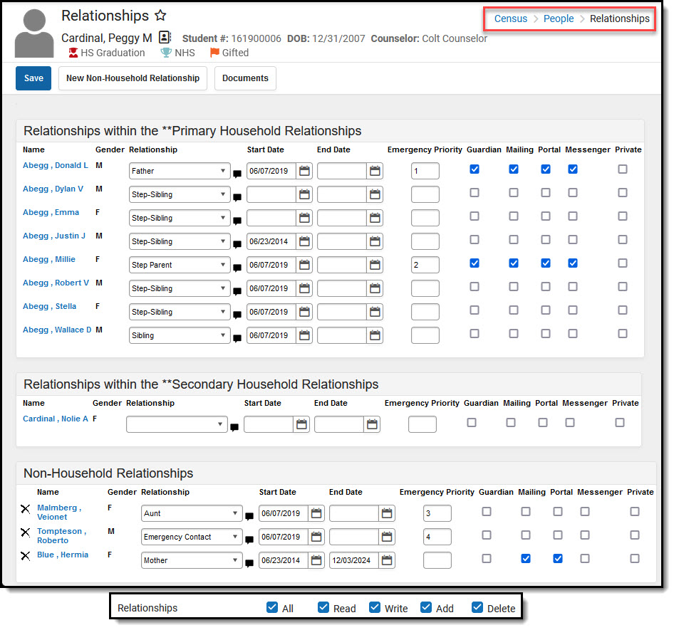 Screenshot of Relationships tab with screenshot of rights beneath, RWAD selected