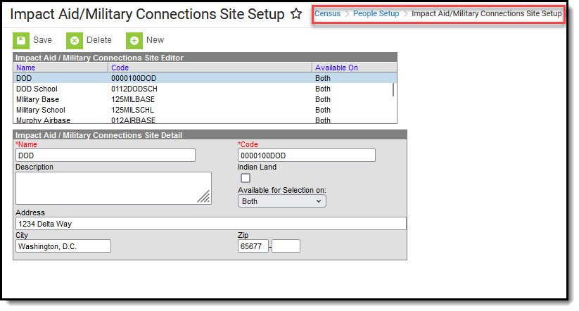 Screenshot of where droplist information is created in Census > People Setup > Impact Aid/Military Connections Site Setup.