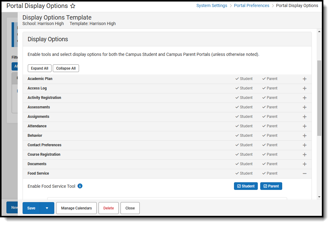 Screenshot of food service portal display options