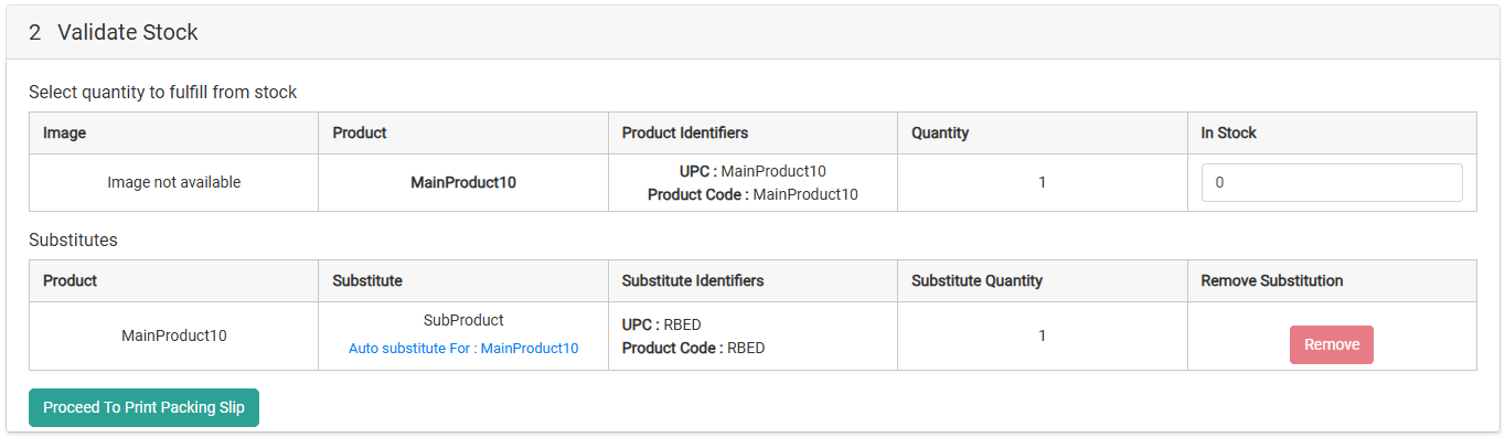 The Validate Stock step with a substitute item