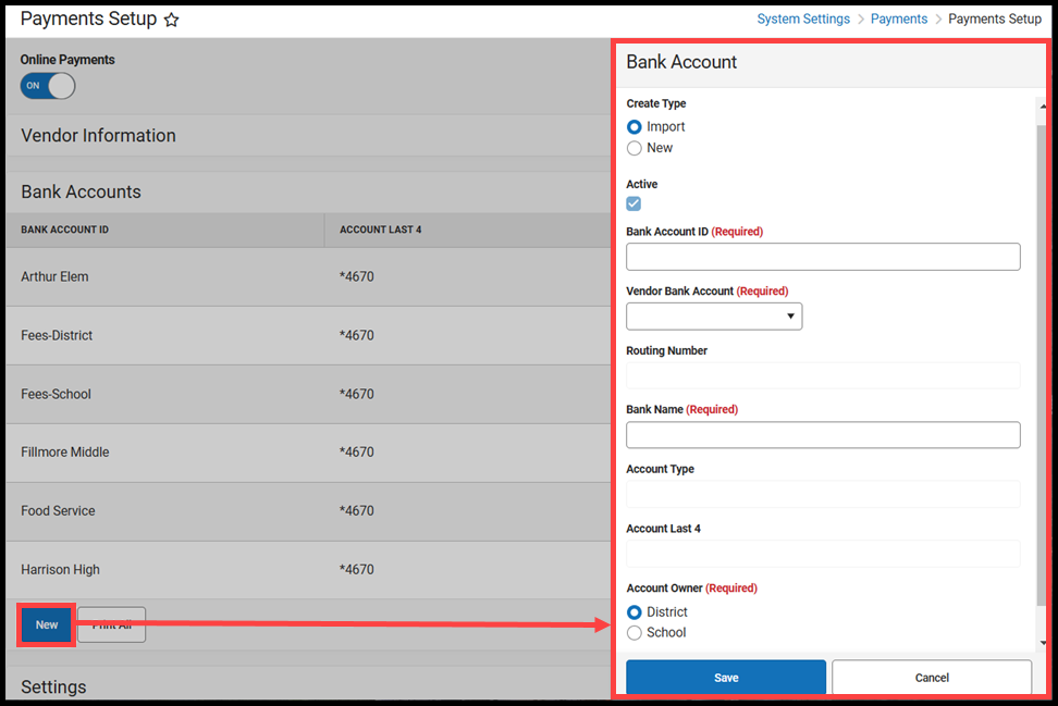 Screenshot of the Bank Account panel