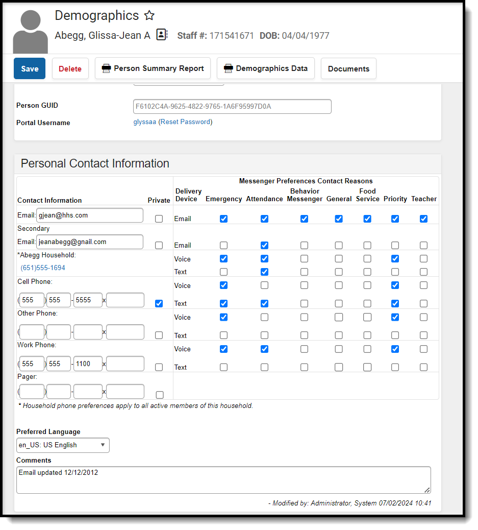 Screenshot of Demographics > Personal Contact Information.