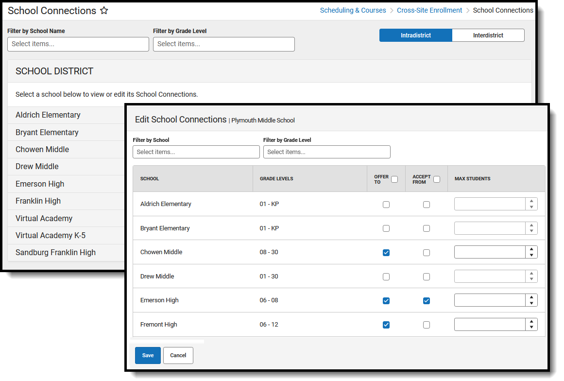 Screenshot of the School Connections tool, located at Scheduling & Courses, Cross-Site Enrollment