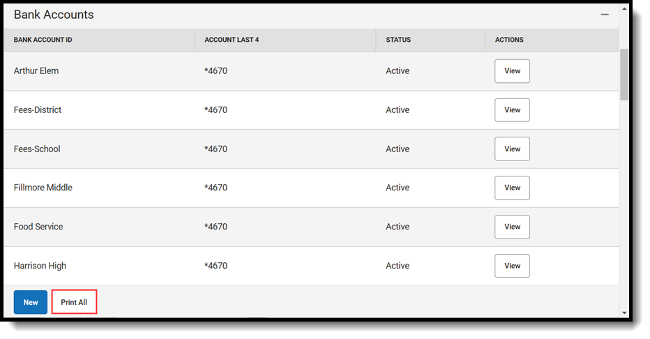 Screenshot of the bank accounts list, calling out the Print All button.