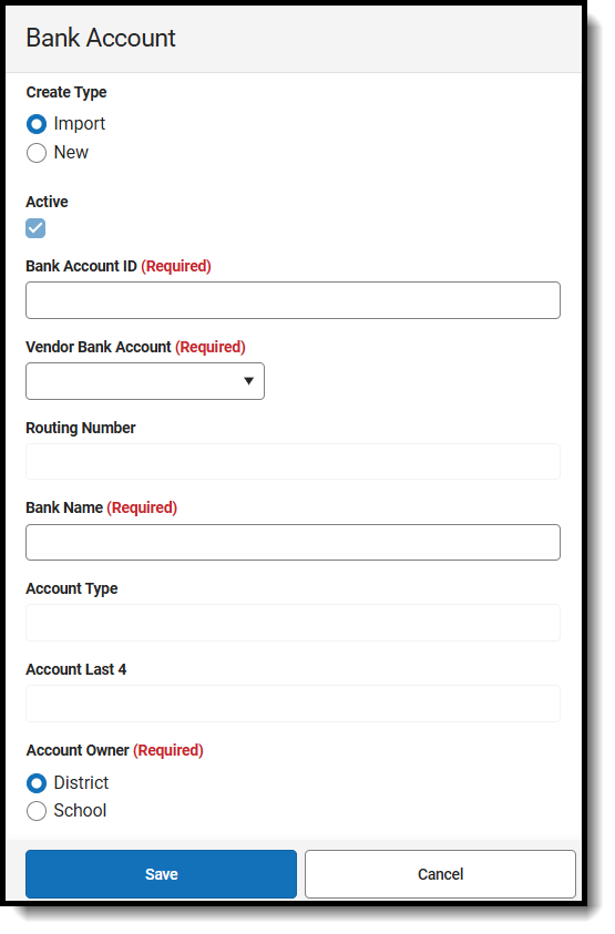 Screenshot of the Bank Account panel