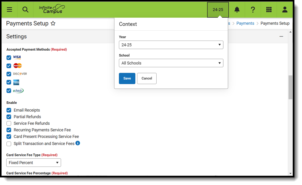 Screenshot of Payments Settings for all schools.