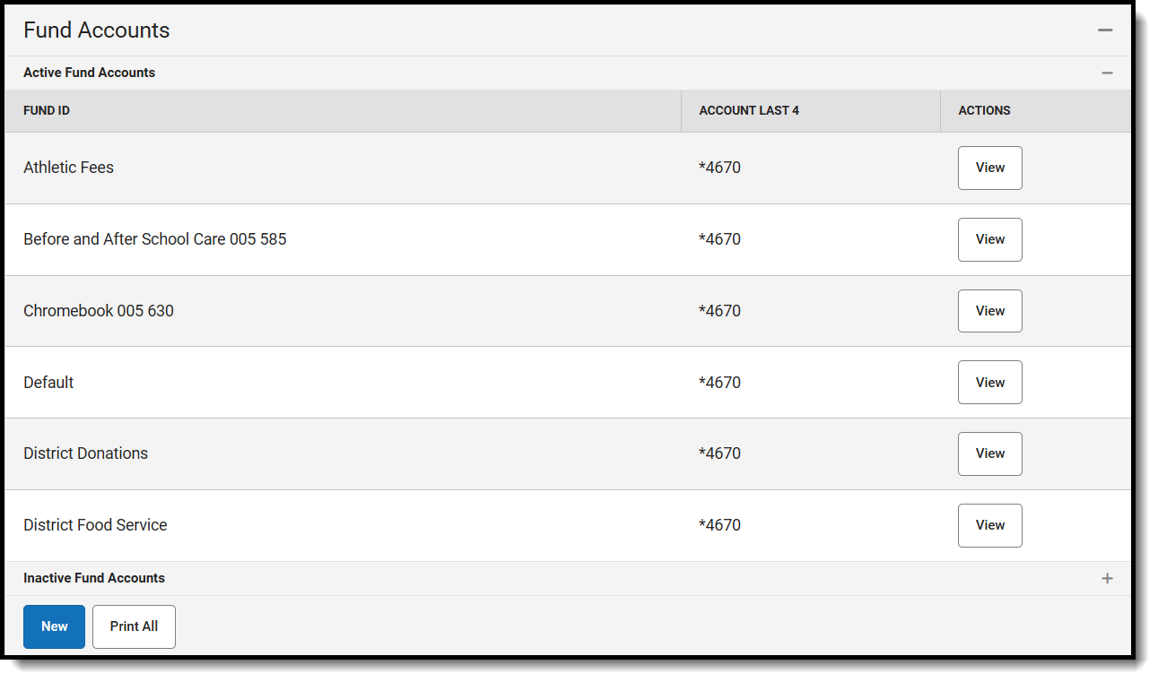 Screenshot of active and inactive fund accounts for a school.