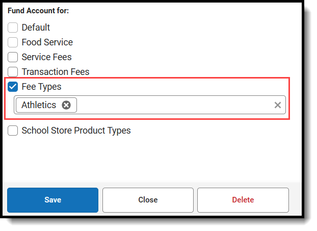 Screenshot of Fee Types selected for a Fund Account.