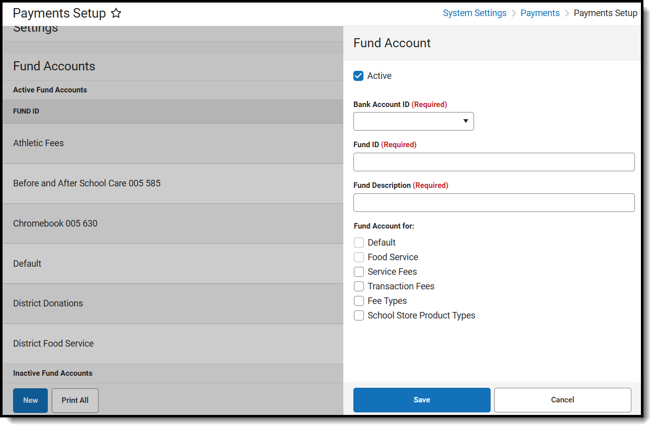 Screenshot of the Fund Accounts, the New button is called out and the new account side panel is open.