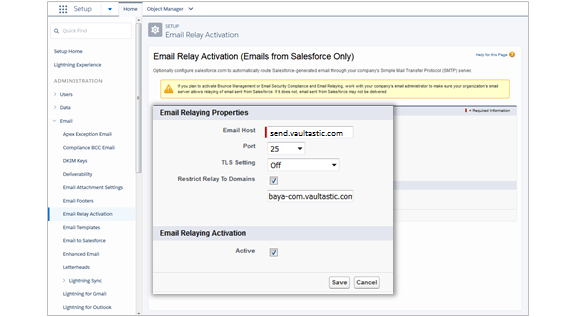 Configure Mail relay for {vaultasticdomain} on Salesforce