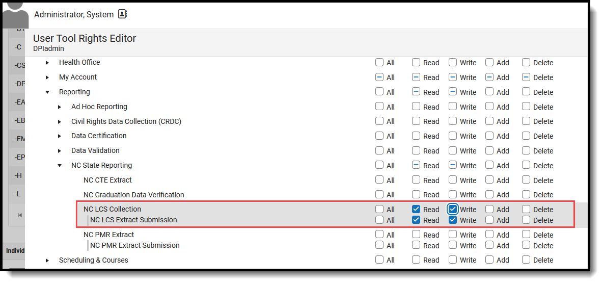 Screenshot of the suggested tool rights for the NC LCS Collection 