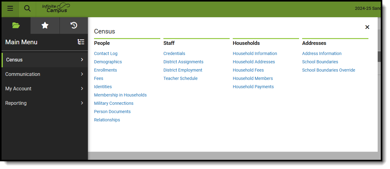 Screenshot of Census module with suggested tool rights for principals. 