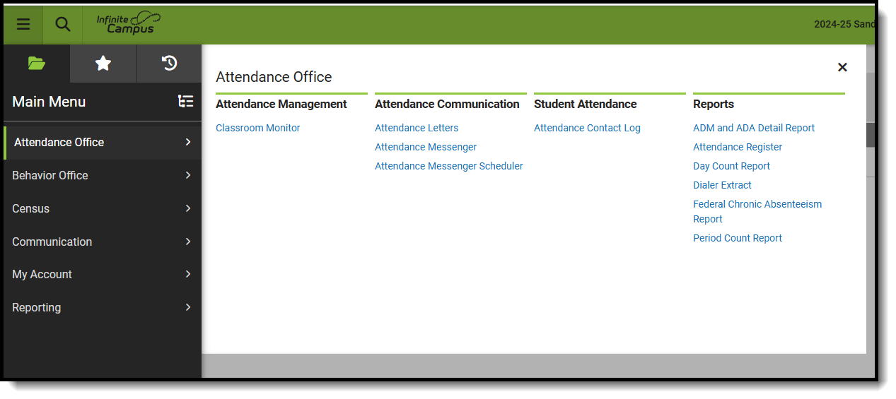 Screenshot of Attendance Office module with suggested tool rights for principals. 