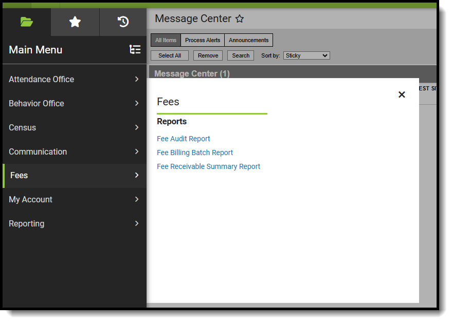 Screenshot of Fees module with suggested tool rights for principals. 