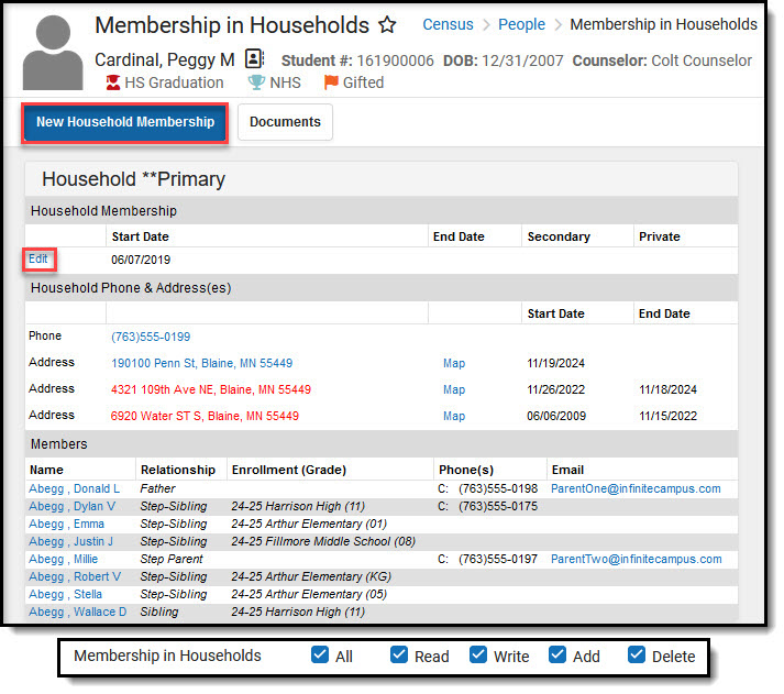 Screenshot of Membership in Household Tool, for a student with multiple household records, including callouts of tools that links within this tool connect to.