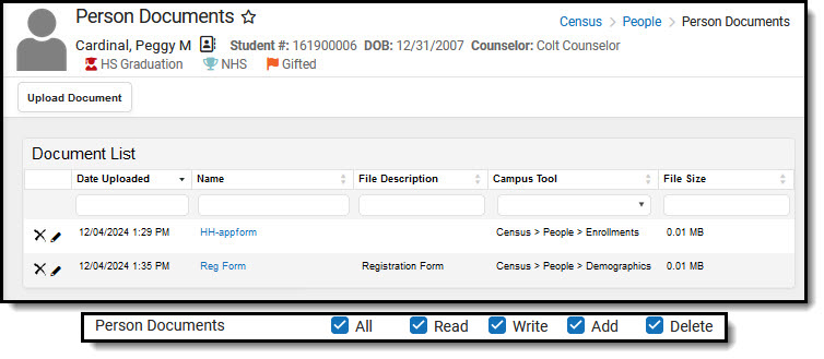 Screenshot of Person Documents tool, full rights granted and two documents uploaded from different locations