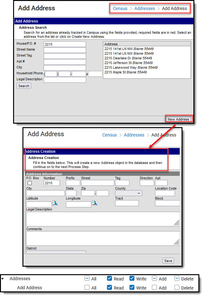 Screenshot of the Census Add Address tool along with a screenshot of tool rights.