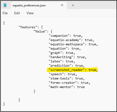 equatio_preferences.json screenshot reader highlighted