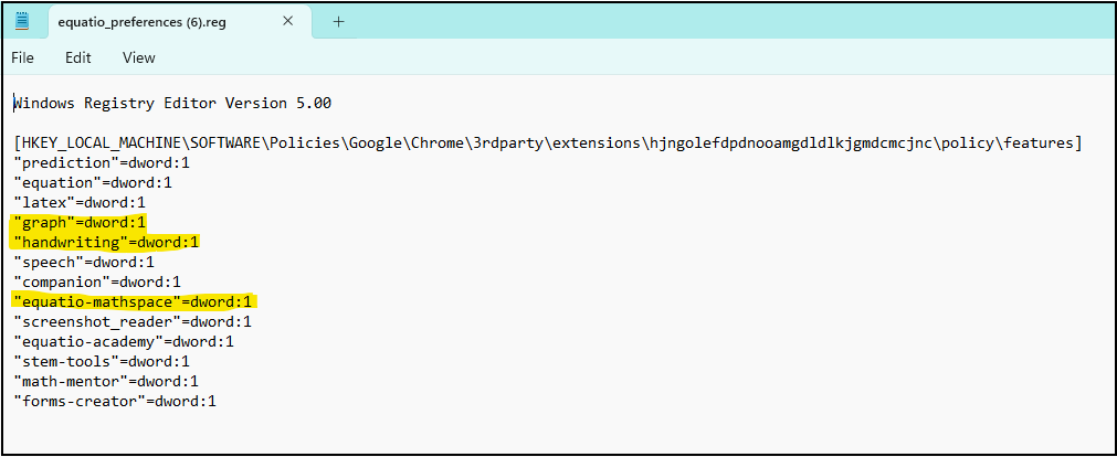 equatio_preferences registry edit highlights