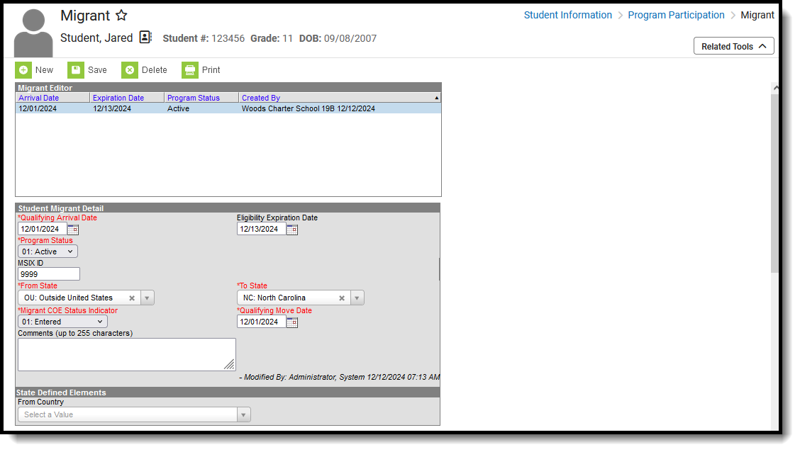 Screenshot of the student's Migrant record, located at Student Information, Program Participation. 