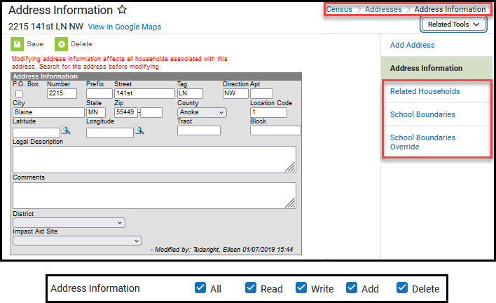 Screenshot of Address Information tool with related tools highlighted and tool rights beneath.