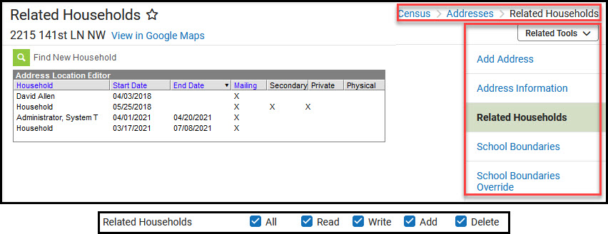 Screenshot of Related Households tool and associated tool rights