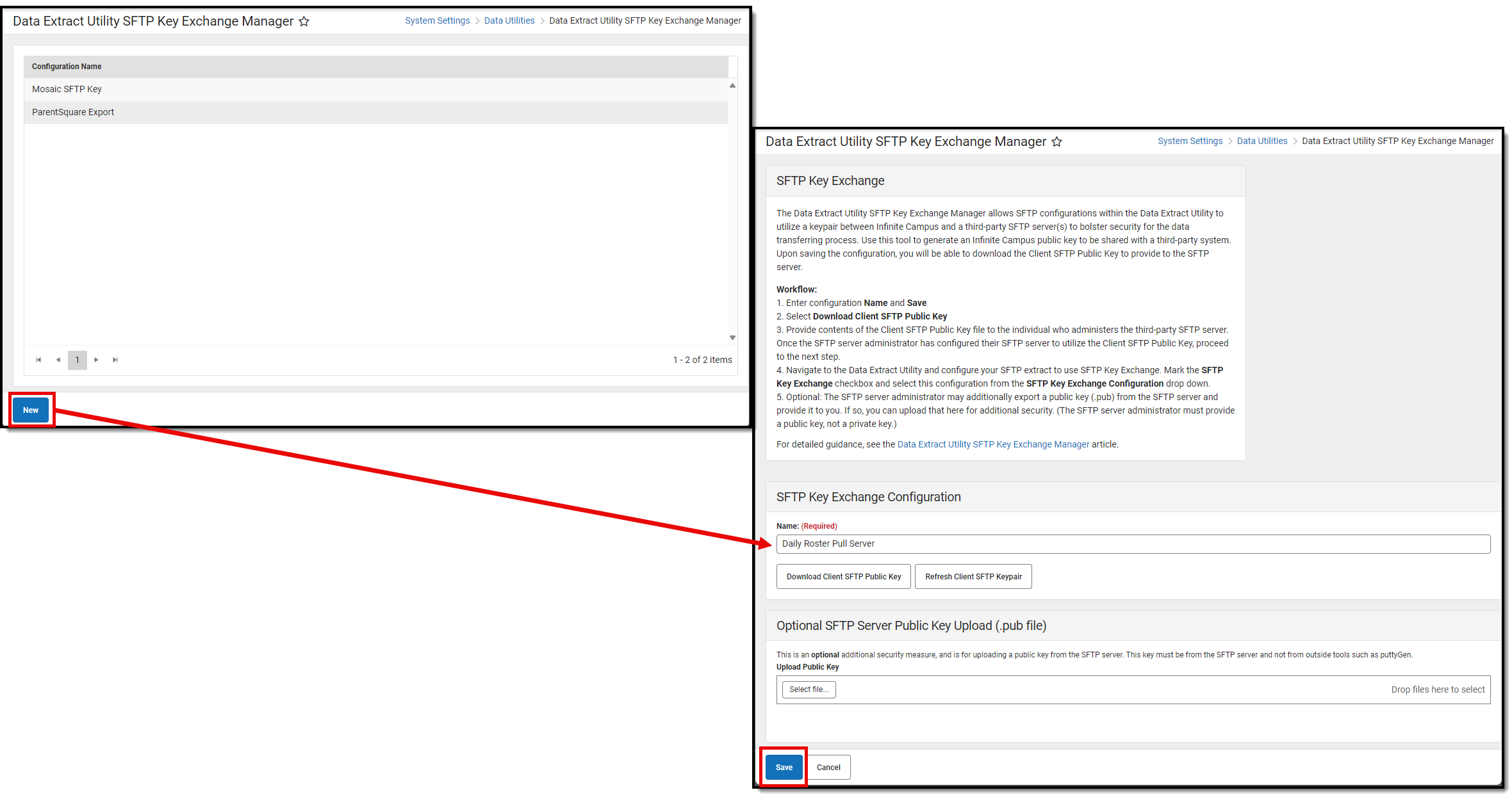 screenshot of creating a new key exchange configuration 