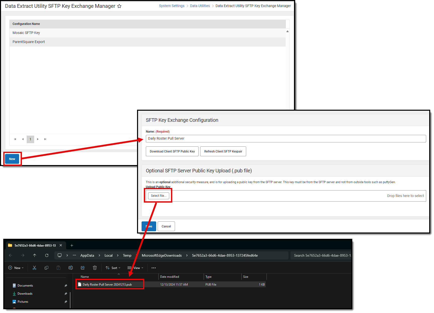 screenshot showing the process of uploading an SFTP server public key