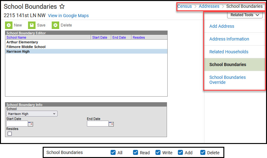 Screenshot of School Boundaries tool with related tools highlighted and tool rights beneath.