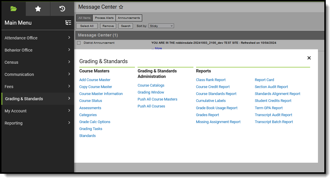 Screenshot of Grading & Standards module with suggested tool rights for principals. 