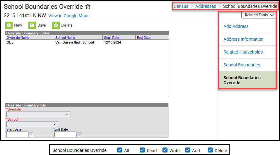 Screenshot of School Boundaries Override tool with related tools highlighted and tool rights below.