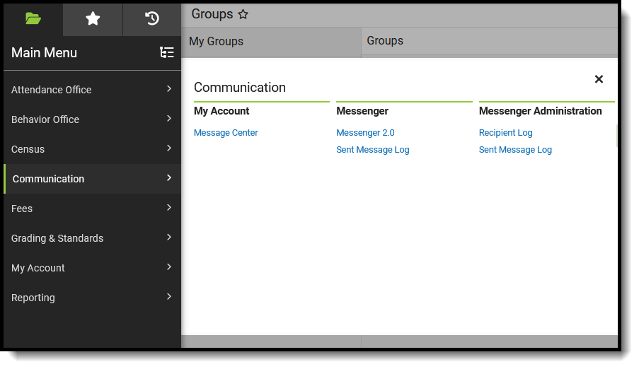 Screenshot of Messenger module with suggested tool rights for principals. 