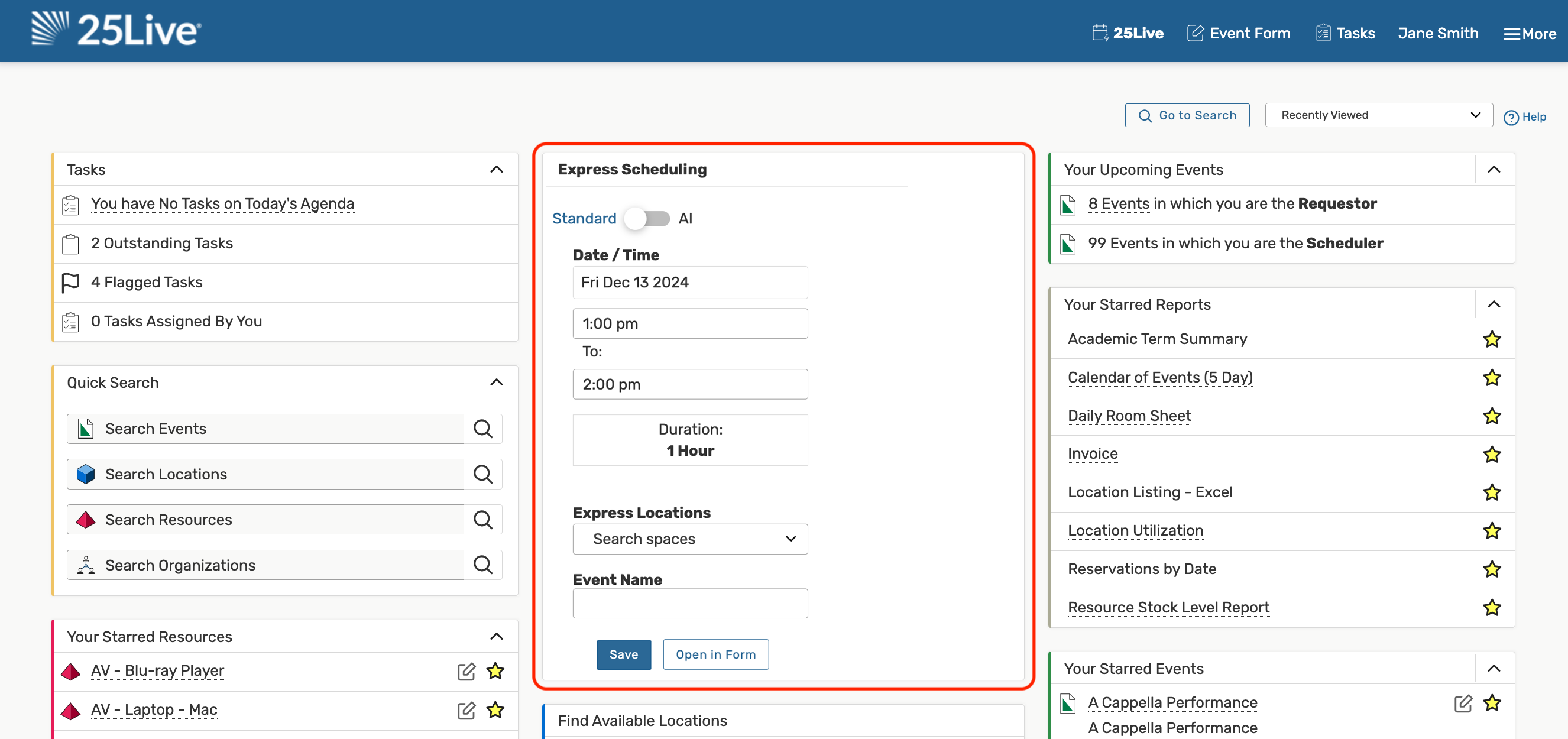 Express Scheduling widget on Dashboard