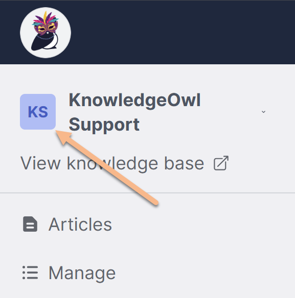 The top of the left navigation in KnowledgeOwl. An arrow points to the kb-icon element.