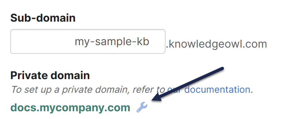 The Domain settings page. A private domain is listed as docs.mycompany.com. An arrow points to the wrench icon next to the private domain.