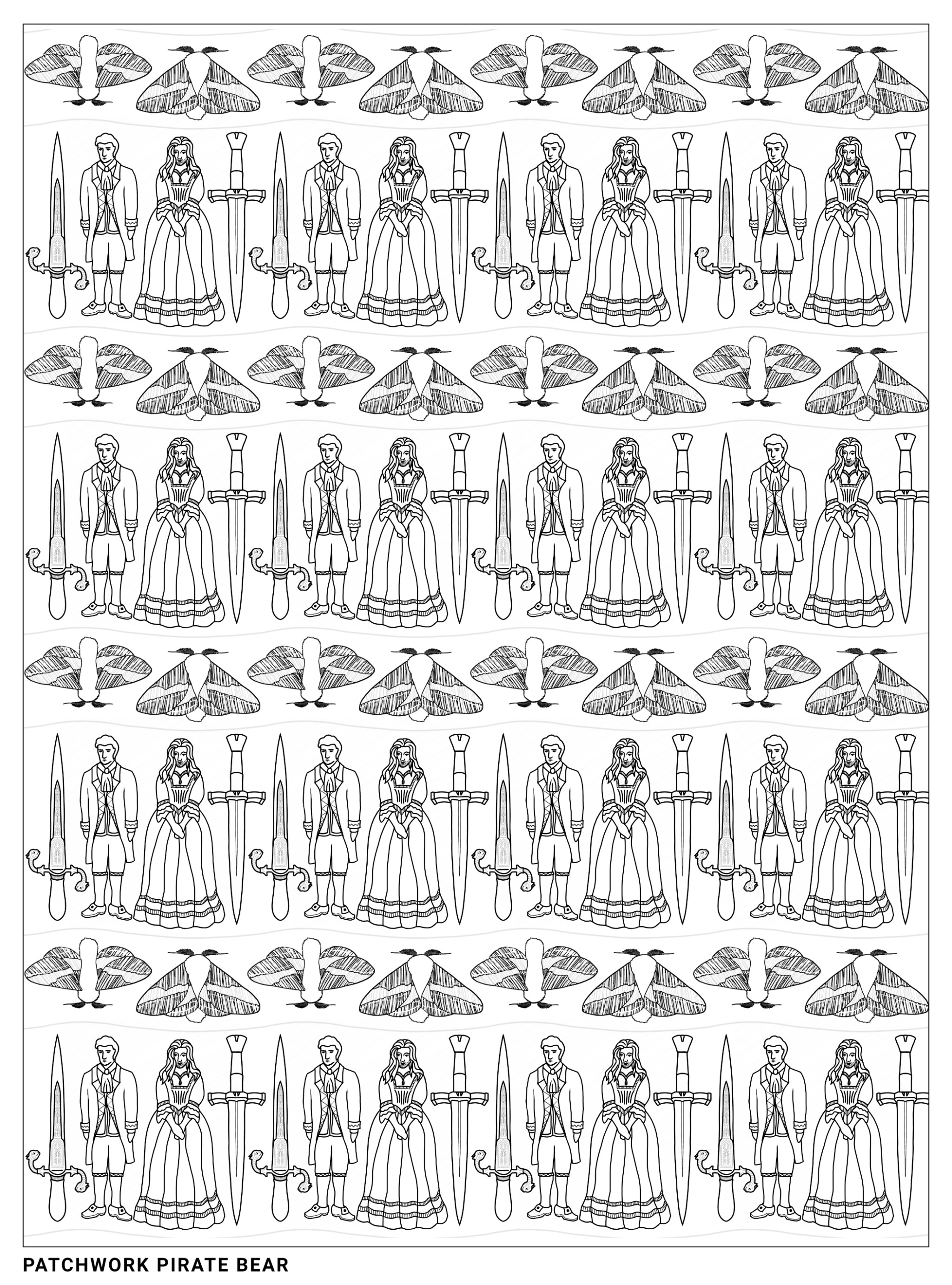 Line drawing of moths, daggers & wedding cake figurines in a repeated pattern, arranged into wide stripes.