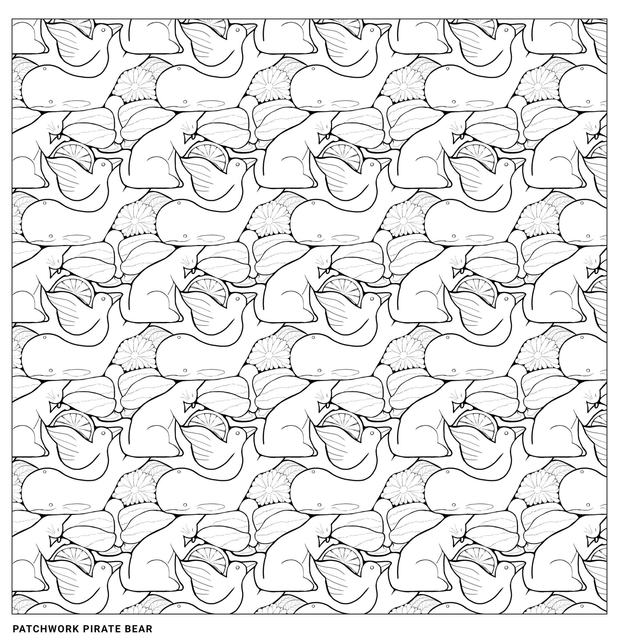 A repeating tesselated pattern of birds, whales, moths, flowers, oranges, and cats.