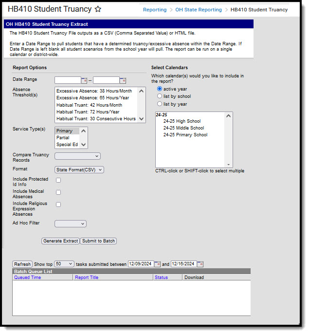 Screenshot of the Ohio HB410 Student Truancy Extract Editor