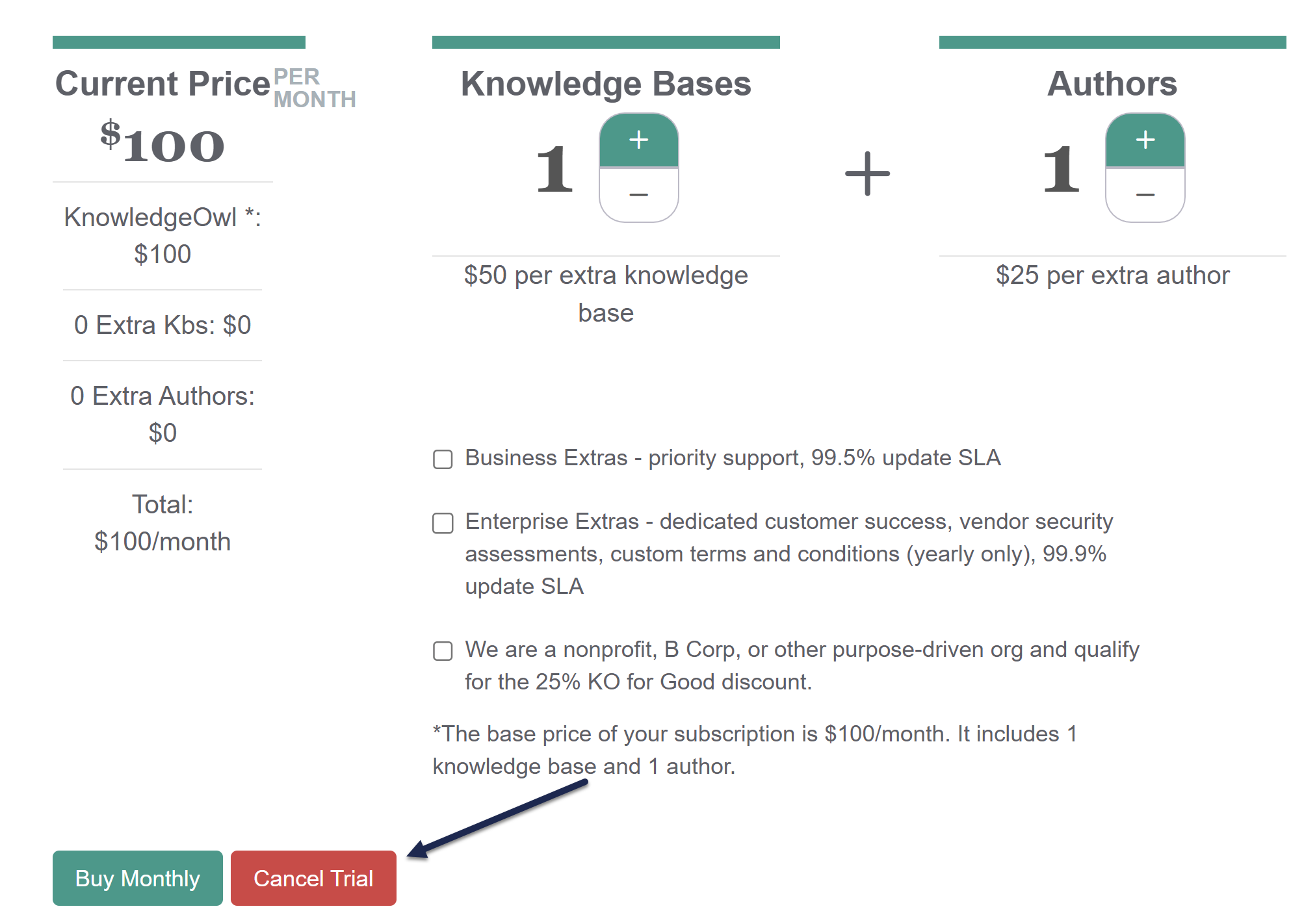 The Account Billing page of a trial account. An arrow points to the Cancel Trial button near the bottom of the page.