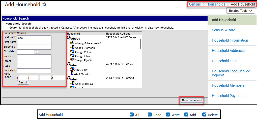 Screenshot of Add Household tool with related tools displayed and the Search and New Household features highlighted