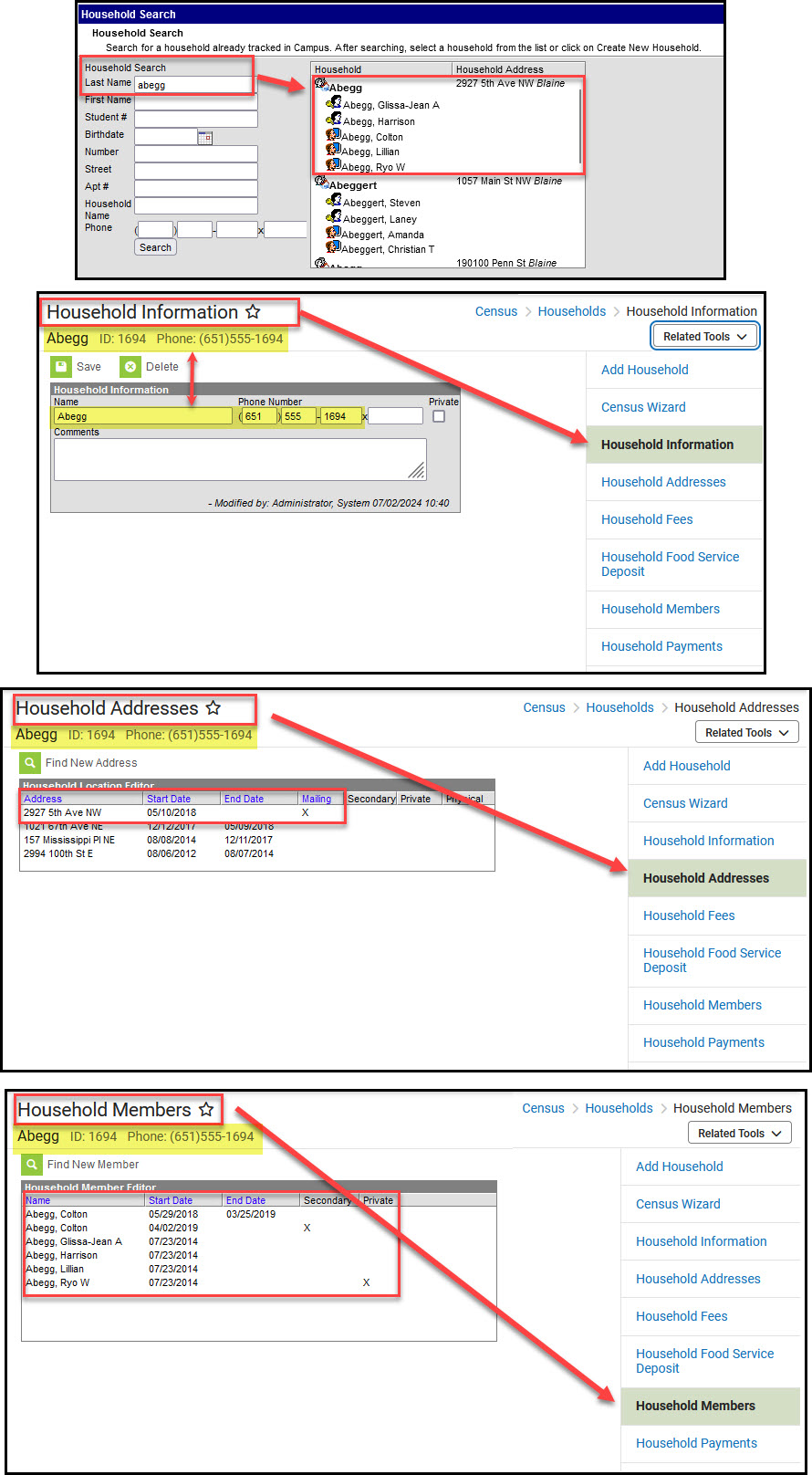 Screenshots of related tools used with the same household, top to bottom Add Household, Household Information, Household Addresses, and Household Members.