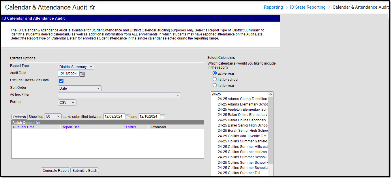 Screenshot of the Calendar and Attendance Audit Editor.