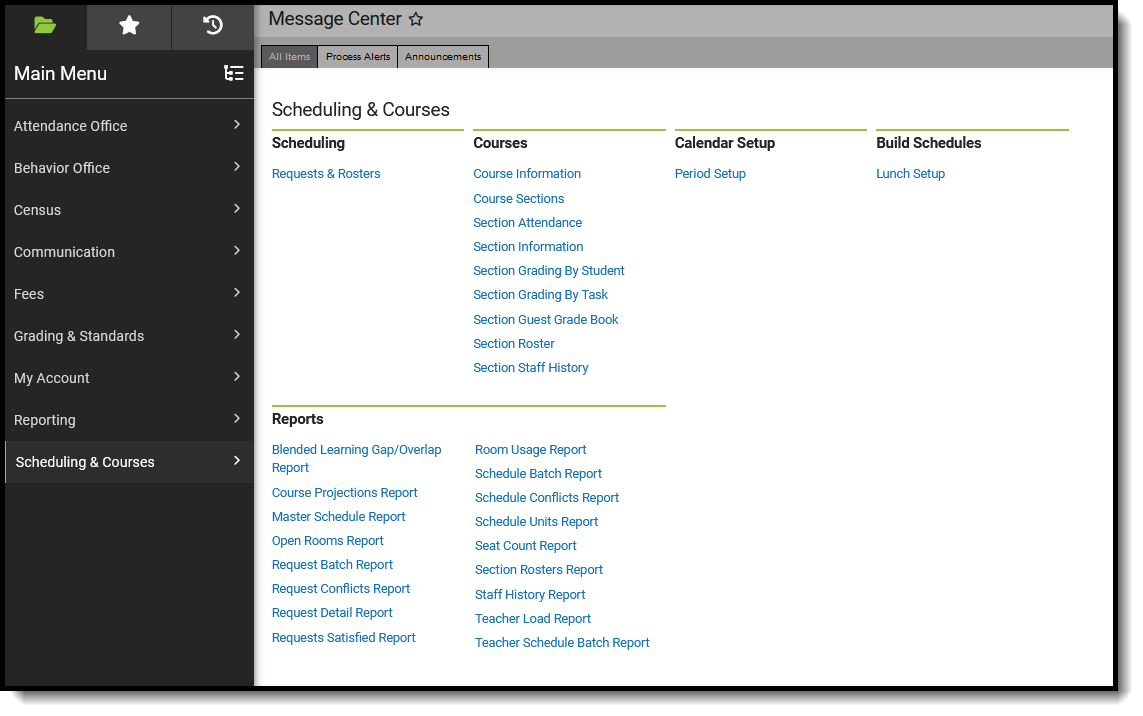 Screenshot of the Scheduling & courses module with suggested tool rights for principals. 