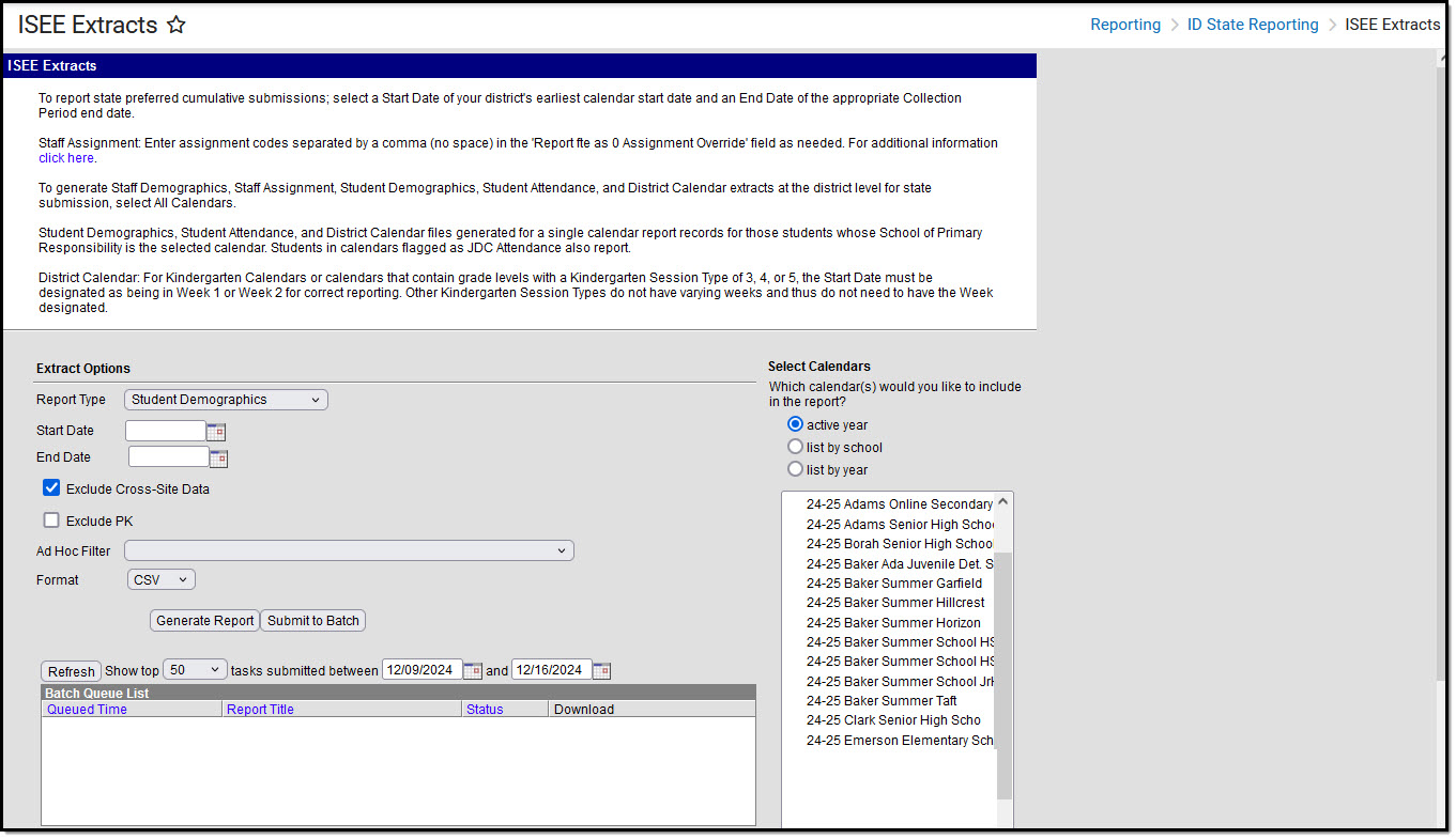 Screenshot of ISSE Extracts editor with Student Demographics selected