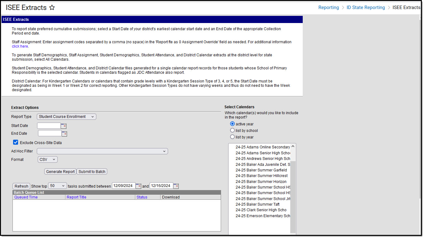 Screenshot of the Student Course Enrollment ISEE extract editor.